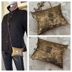 Brass Handcrafted Boho Pillow Shaped Evening Bag w/ Crossbody Chain Strap